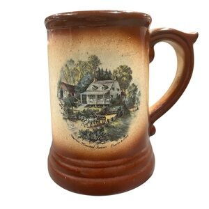 Vintage Brown Ceramic Mug Currier & Ives Print American‎ Homestead Summer
